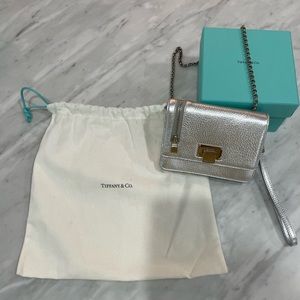 Tiffany & Co. Silver Metallic Grain Leather Wristlet with Silver Chain